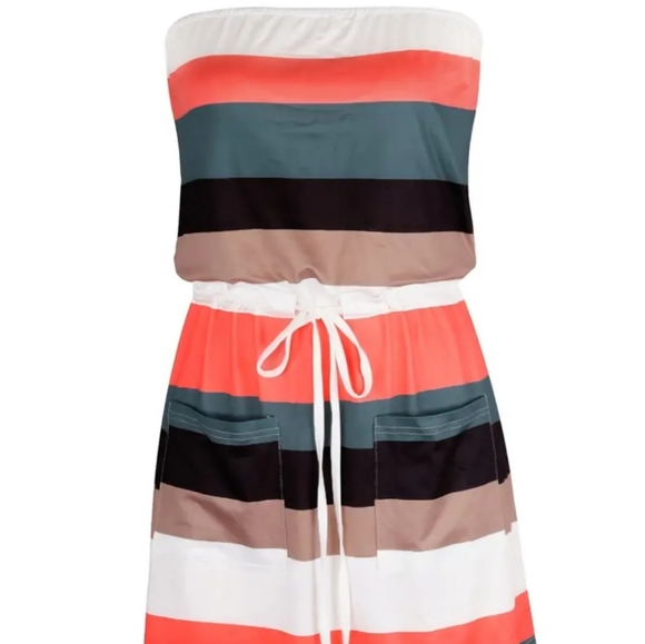 Striped Off Shoulder Dress, Casual Drawstring PocketsVacation Mini Dress, Womens - Picture 3 of 5